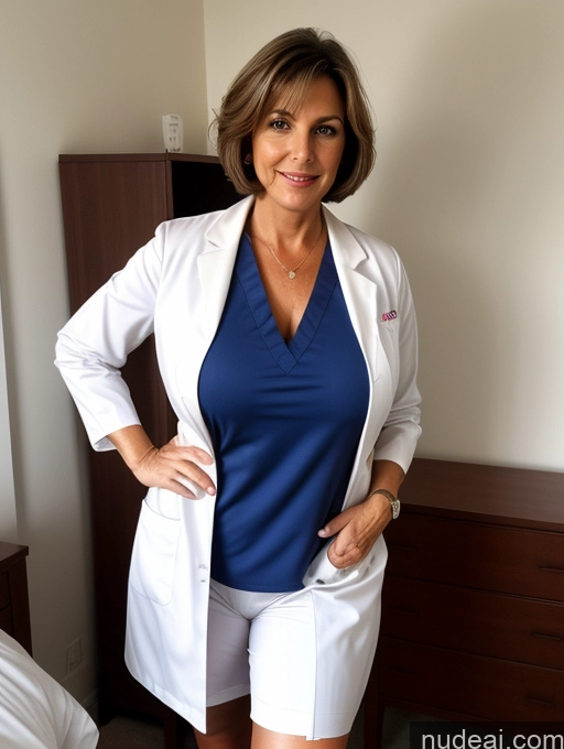 ai nude image of arafed woman in a white lab coat and blue top standing in a bedroom pics of One Busty Tanned Skin 60s Brunette Bobcut German Bedroom Front View Perfect Boobs Doctor