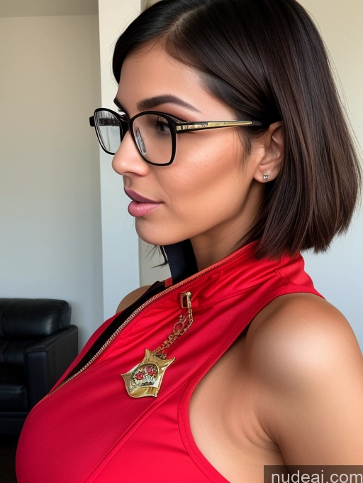 ai nude image of arafed woman wearing glasses and a red dress with a gold necklace pics of Miss Universe Model One Skinny Perfect Body Huge Boobs Glasses 20s Ahegao Brunette Pixie Indian Skin Detail (beta) Side View Cleavage Firefighter