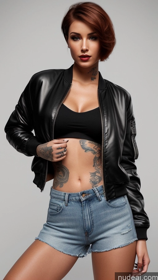 ai nude image of arafed woman in a black leather jacket and denim shorts pics of Model One Beautiful Small Tits Big Ass Tattoos Lipstick Thick Perfect Body Seductive Sexy Face Brunette 3d Transparent Irish Simple Short Hair Stylish Daisy Dukes Bomber High Socks