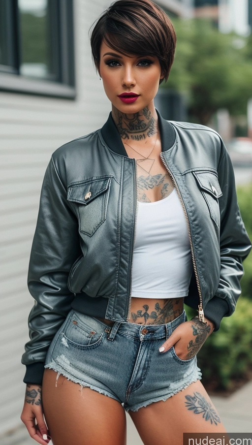 ai nude image of arafed woman with tattoos and a leather jacket posing for a picture pics of Model One Beautiful Small Tits Big Ass Tattoos Lipstick Thick Perfect Body Seductive Sexy Face Brunette 3d Transparent Simple Short Hair Stylish Daisy Dukes Bomber High Socks Boots