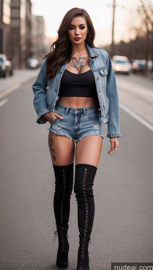 ai nude image of arafed woman in black top and denim jacket and thigh high boots pics of Model One Beautiful Small Tits Big Ass Tattoos Lipstick Thick Perfect Body Seductive Sexy Face Brunette 3d Stylish Boots Alternative Bright Lighting Daisy Dukes Jacket Thigh Socks