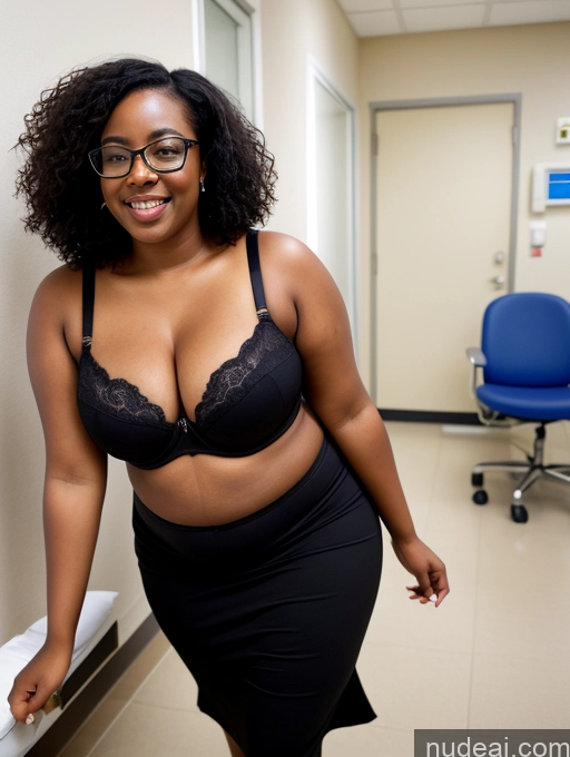 ai nude image of there is a woman in a black dress and glasses posing for a picture pics of Black Hair Curly Hair African 30s Orgasm Glasses Fat Long Skirt Push-up Bra Hospital