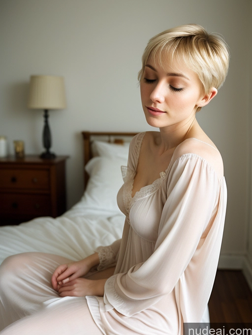 ai nude image of blond woman in a white robe sitting on a bed in a bedroom pics of Woman Small Tits Beautiful Small Ass Skinny Fairer Skin 18 Blonde Pixie Russian Nightgown Sleeping