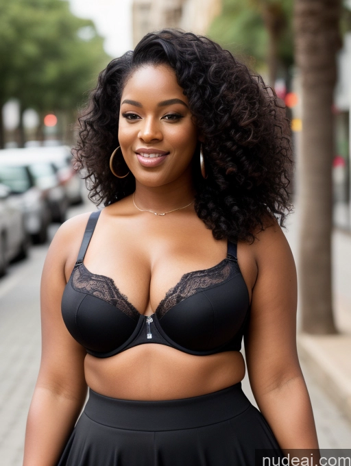 ai nude image of there is a woman in a black bra top and skirt posing for a picture pics of Black Hair Curly Hair African 30s Orgasm Long Skirt Push-up Bra Big Ass Chubby Street