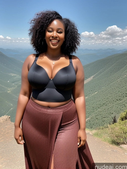 ai nude image of araffe woman in a black bra top and a skirt standing on a mountain pics of Black Hair Curly Hair African 30s Orgasm Long Skirt Push-up Bra Chubby Mountains