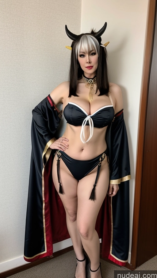 ai nude image of araffe dressed in a black and red outfit posing for a picture pics of Milf One Busty Perfect Boobs Beautiful Big Ass Big Hips Pubic Hair Fairer Skin 60s Asian Black Hair Partially Nude Devil Miss Hina: Genshin Impact Cosplayers