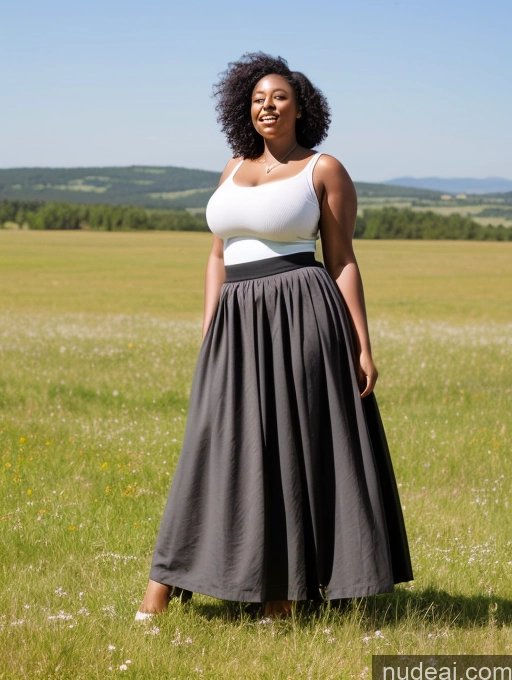 ai nude image of arafed woman in a white tank top and black skirt standing in a field pics of Black Hair Curly Hair African 30s Orgasm Long Skirt Chubby Meadow