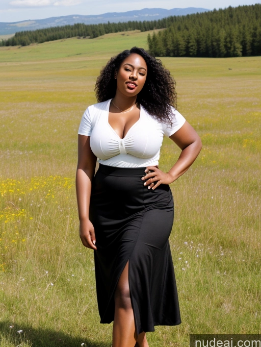 ai nude image of araffe woman in a white shirt and black skirt standing in a field pics of Black Hair Curly Hair African 30s Orgasm Long Skirt Chubby Meadow