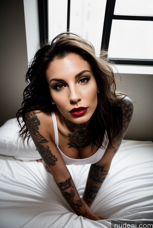 ai nude image of there is a woman with tattoos on her arms and arms on a bed pics of Model One Perfect Boobs Perfect Body Beautiful 30s Sexy Face Brunette Messy Front View Transparent Tank Top Lipstick Tattoos