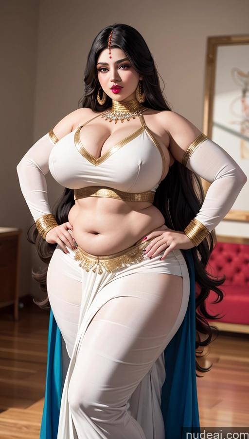 ai nude image of araffe dressed in a white and gold outfit posing for a picture pics of Lipstick Big Ass Abs Big Hips Fairer Skin Long Hair Indian Busty Black Hair Fat Salwar Cosplay