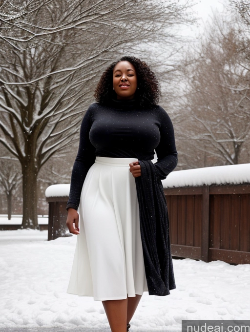 ai nude image of araffe woman in black and white dress and black coat in snow pics of Black Hair Curly Hair African 30s Orgasm Long Skirt Chubby Snow