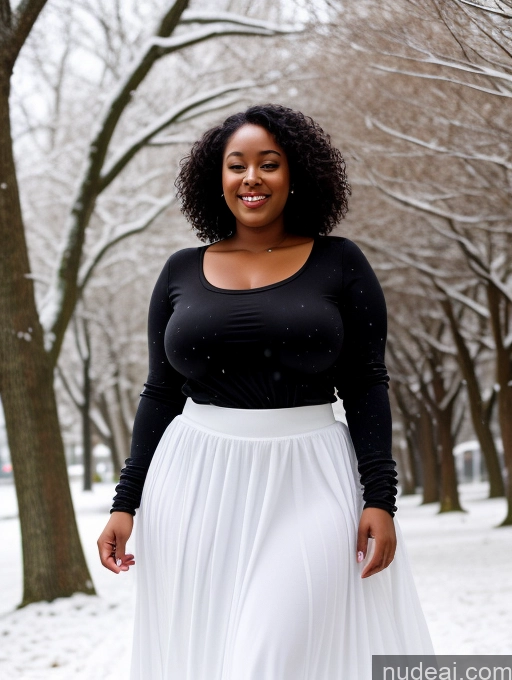 ai nude image of araffe woman in a black top and white skirt standing in the snow pics of Black Hair Curly Hair African 30s Orgasm Long Skirt Chubby Snow