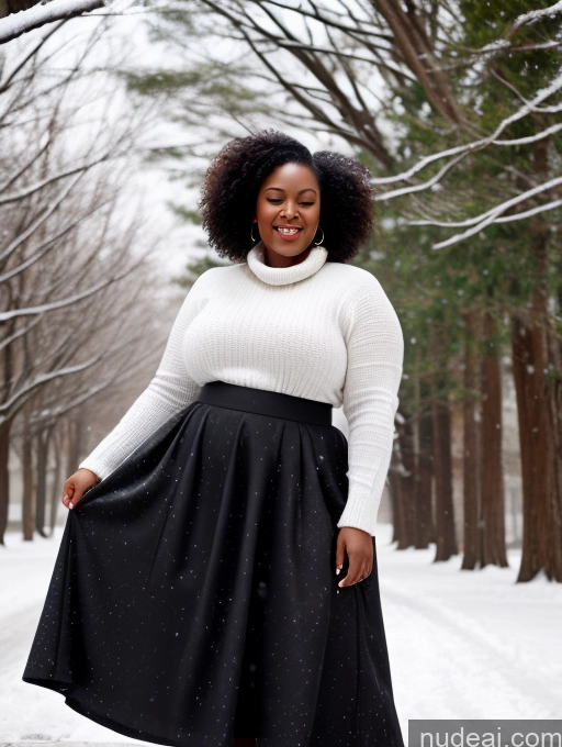 ai nude image of a woman in a white sweater and black skirt standing in the snow pics of Black Hair Curly Hair African 30s Orgasm Long Skirt Chubby Snow