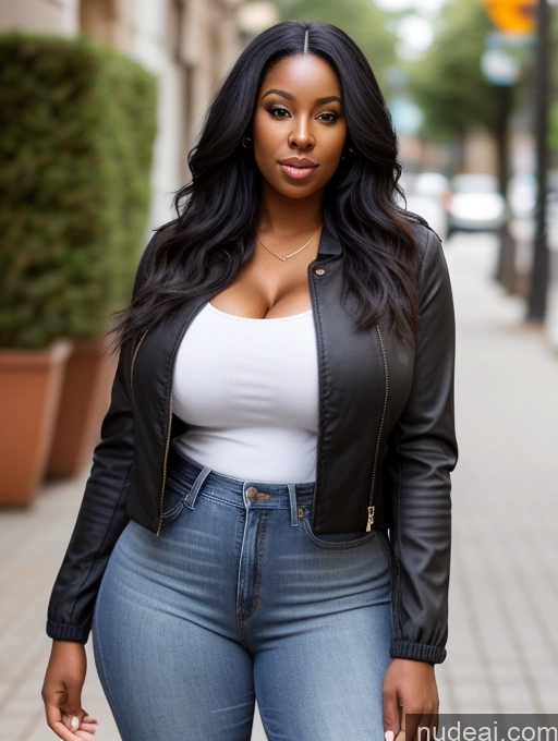 ai nude image of a woman in a white top and jeans is standing on a sidewalk pics of One Huge Boobs Thick Woman Big Ass Big Hips 30s African Black Hair Long Hair Cleavage Simple Detailed Alternative Front View High Heels Jacket Jeans