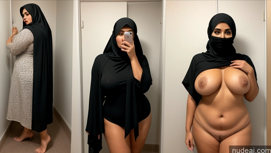 ai nude image of araffe woman in a black hijab taking a selfie in a mirror pics of Woman Busty Chubby Pubic Hair Tanned Skin Fairer Skin 40s Seductive Black Hair Indian Nude Niqab Changing Room 60s