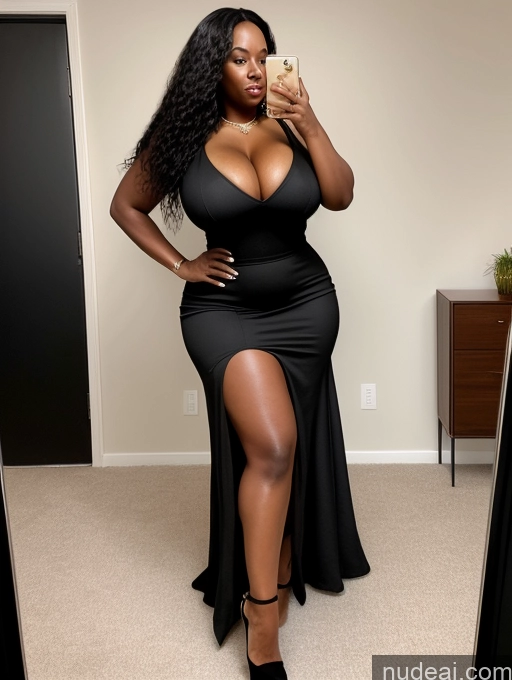 ai nude image of araffe woman in a black dress taking a selfie in a mirror pics of One Huge Boobs Thick Woman Big Ass Big Hips 30s African Black Hair Long Hair Cleavage Simple Detailed Alternative High Heels Front View Dress Long Skirt