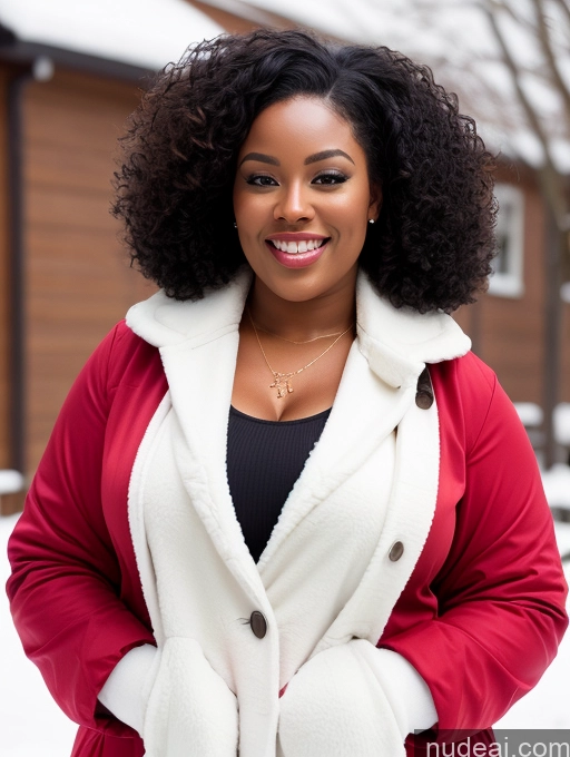 ai nude image of smiling woman in red and white jacket and black top standing in snow pics of Black Hair Curly Hair African 30s Orgasm Chubby Snow Teacher