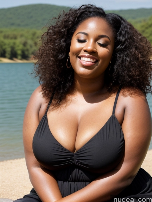 ai nude image of smiling woman in black dress sitting on a bench by the water pics of Black Hair Curly Hair African 30s Orgasm Chubby Sundress Lake