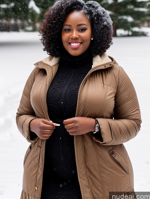 ai nude image of smiling woman in winter coat standing in snow with trees in background pics of Black Hair Curly Hair African 30s Chubby Sundress Snow