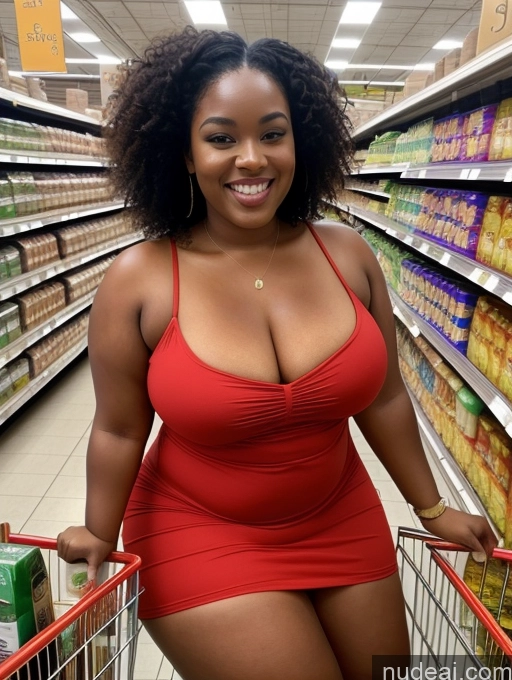 ai nude image of a woman in a red dress is standing in a grocery cart pics of Black Hair Curly Hair African 30s Chubby Sundress T-pose Orgasm Grocery