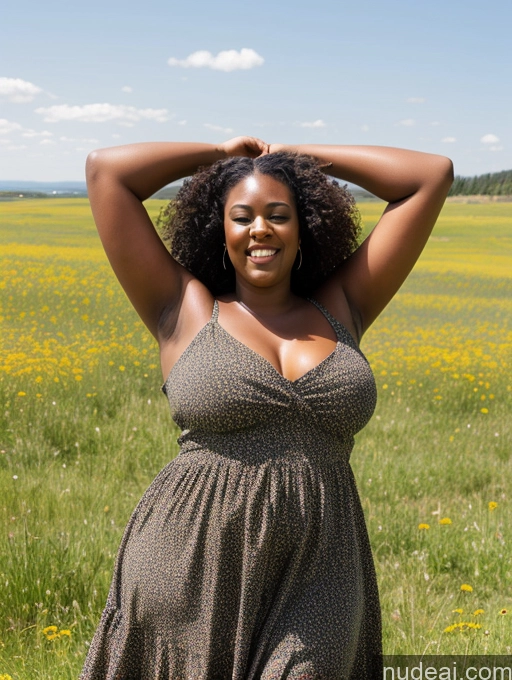 ai nude image of pregnant woman in a field of flowers posing for a picture pics of Black Hair Curly Hair African 30s Chubby Sundress T-pose Orgasm Meadow