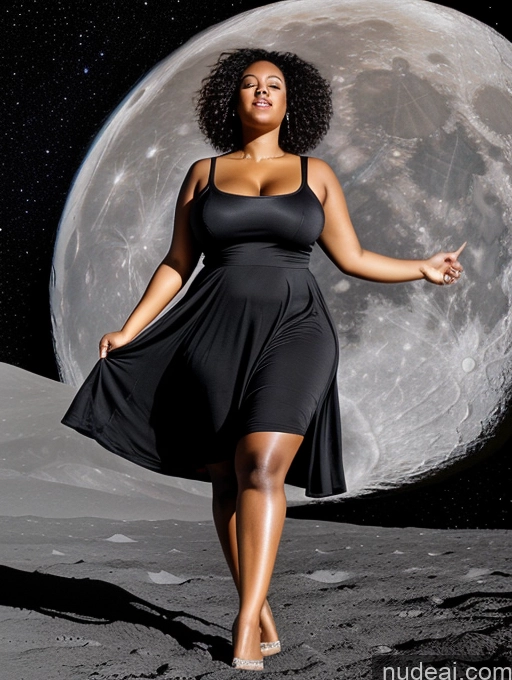 ai nude image of woman in black dress standing on moon with full moon in background pics of Black Hair Curly Hair African 30s Chubby Sundress T-pose Orgasm Moon