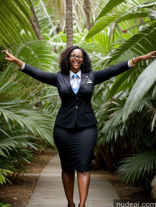 ai nude image of smiling woman in a suit and tie standing in a jungle pics of Black Hair Curly Hair African 30s Chubby T-pose Orgasm Flight Attendant Jungle Glasses