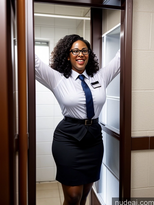 ai nude image of there is a woman in a skirt and tie standing in a doorway pics of Black Hair Curly Hair African 30s Chubby T-pose Orgasm Flight Attendant Glasses Prison