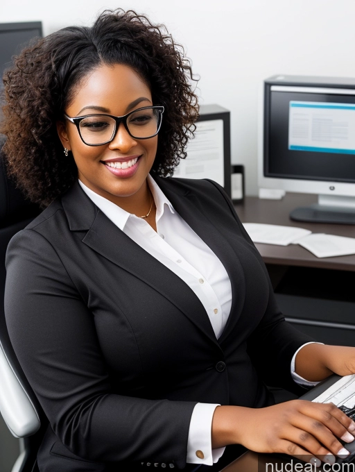 ai nude image of smiling woman in business attire sitting at desk with computer and keyboard pics of Black Hair Curly Hair African 30s Chubby T-pose Orgasm Flight Attendant Glasses Office