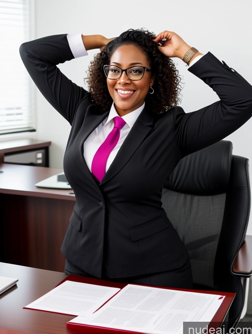 ai nude image of smiling woman in business attire sitting at desk with hands on head pics of Black Hair Curly Hair African 30s Chubby T-pose Orgasm Flight Attendant Glasses Office