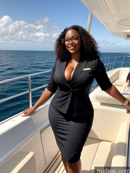 ai nude image of woman in black dress on boat with ocean in background pics of Black Hair Curly Hair African 30s Chubby T-pose Orgasm Flight Attendant Glasses Yacht