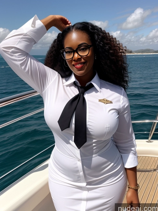 ai nude image of woman in white shirt and tie on a boat in the ocean pics of Black Hair Curly Hair African 30s Chubby T-pose Orgasm Flight Attendant Glasses Yacht