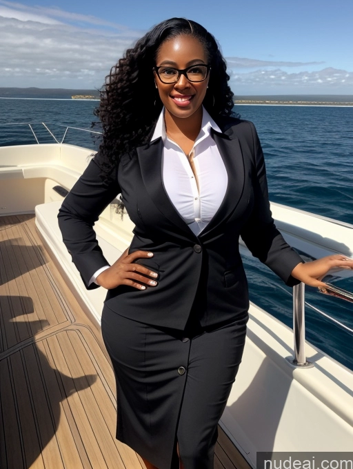 ai nude image of woman in a black suit and glasses standing on a boat pics of Black Hair Curly Hair African 30s Chubby T-pose Orgasm Flight Attendant Glasses Yacht