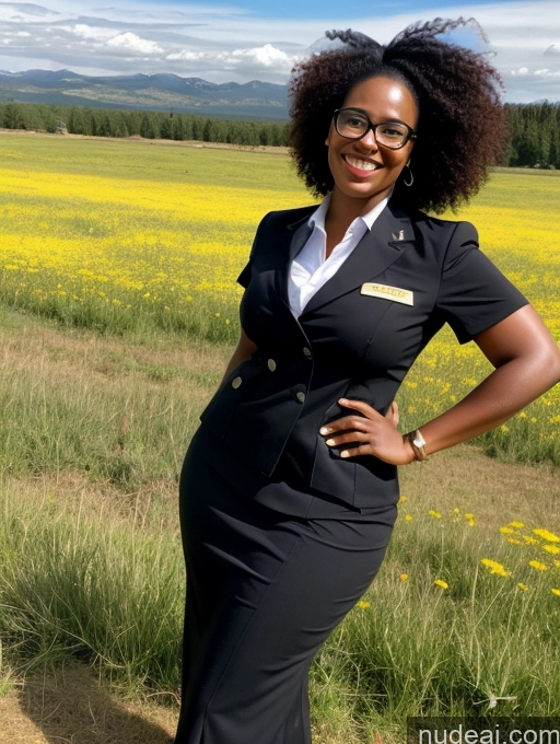 ai nude image of woman in a black dress and glasses standing in a field pics of Black Hair Curly Hair African 30s Chubby T-pose Orgasm Flight Attendant Glasses Meadow