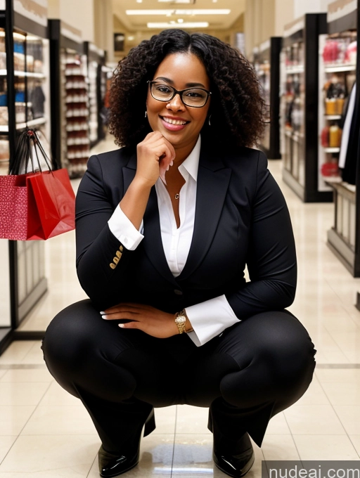 ai nude image of smiling woman in a suit kneeling on the floor with shopping bags pics of Black Hair Curly Hair African 30s Chubby Orgasm Flight Attendant Glasses Mall Squatting