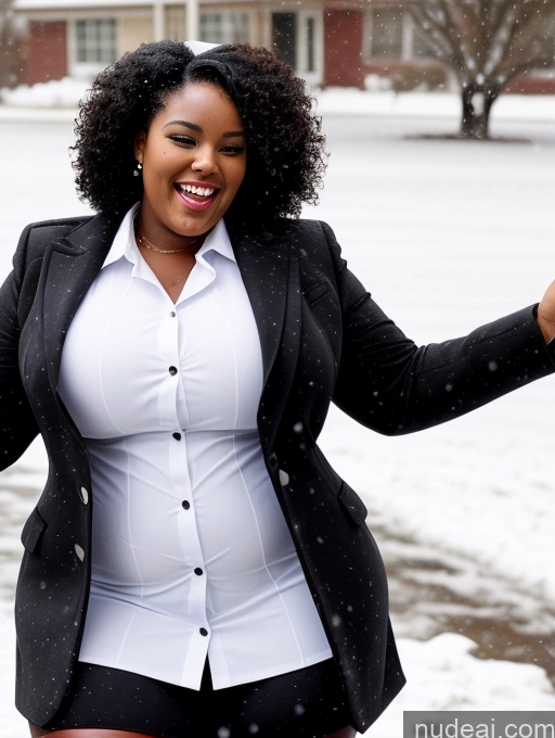 ai nude image of smiling woman in black jacket and white shirt standing in snow pics of Chubby 30s Black Hair Curly Hair African Snow Flight Attendant Spreading Legs Laughing