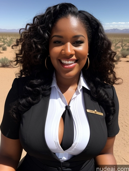 ai nude image of smiling woman in black and white dress with black tie and white shirt pics of Chubby 30s Black Hair Curly Hair African Flight Attendant Laughing Desert