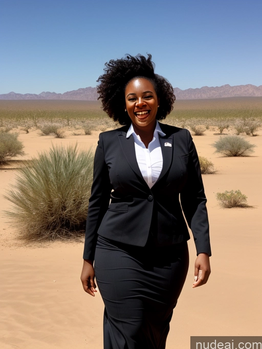 ai nude image of smiling woman in black suit walking in desert area with desert in background pics of Chubby 30s Black Hair Curly Hair African Flight Attendant Laughing Desert