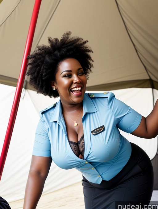 ai nude image of smiling woman in blue shirt and black skirt holding a red pole pics of Chubby 30s Black Hair Curly Hair African Flight Attendant Laughing Tent