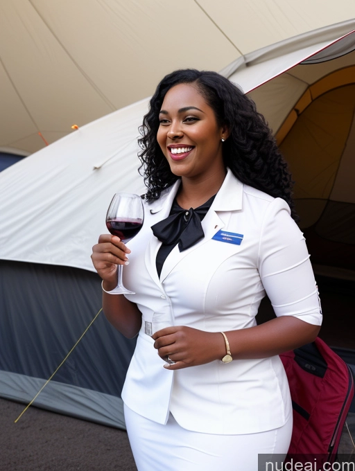 ai nude image of smiling woman in white suit holding a glass of wine in front of a tent pics of Chubby 30s Black Hair Curly Hair African Flight Attendant Laughing Tent Wine