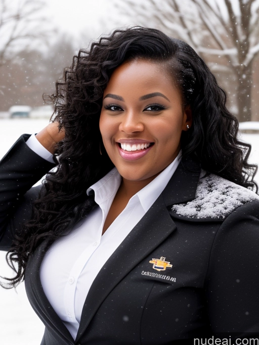 ai nude image of smiling woman in black jacket and white shirt in the snow pics of Chubby 30s Black Hair Curly Hair African Flight Attendant Laughing Snow