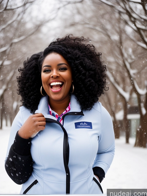 ai nude image of smiling woman in blue jacket and black tie in snow covered park pics of Chubby 30s Black Hair Curly Hair African Flight Attendant Laughing Snow