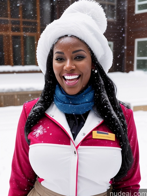 ai nude image of smiling woman in a red jacket and white hat in the snow pics of Chubby 30s Black Hair African Flight Attendant Laughing Snow Long Hair