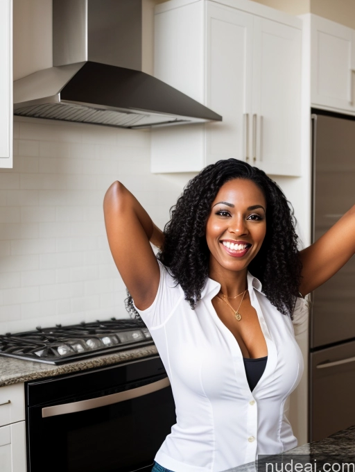 ai nude image of smiling woman in white shirt and jeans standing in kitchen with stainless steel appliances pics of 40s Laughing Black Hair Long Hair African Flight Attendant Kitchen T-pose