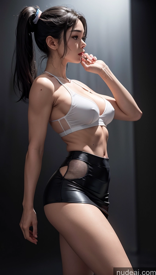 ai nude image of there is a woman in a white top and black shorts posing pics of Bodybuilder Two Perfect Boobs Busty Abs Skinny Tall Perfect Body Black Hair Pigtails Dark Lighting Push-up Bra Mini Skirt Mesh Working Out Transparent Cleavage Side View Korean