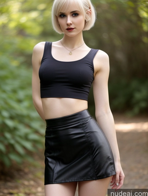 ai nude image of arafed woman in a black top and black skirt posing for a picture pics of Woman Small Tits Beautiful Small Ass Skinny Fairer Skin 18 Blonde Pixie Russian Front View Goth Crop Top Mini Skirt