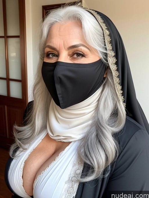 ai nude image of a close up of a woman wearing a black mask and a white top pics of Milf Busty One Big Ass 70s White Hair Long Hair British Cleavage Niqab