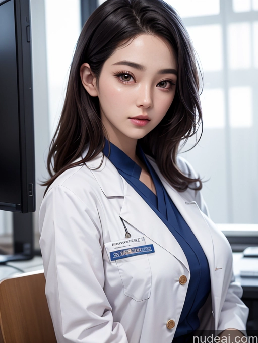 ai nude image of arafed woman in a lab coat sitting in front of a computer pics of Korean Perfect Boobs Doctor