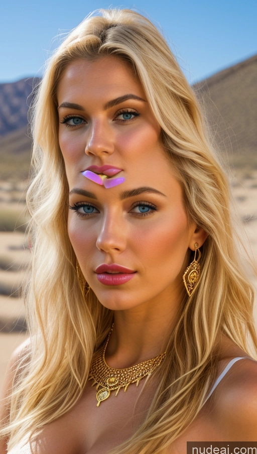 ai nude image of blond woman with pink nose ring and gold necklace in desert pics of Model Small Tits Beautiful Lipstick Sexy Face Pouting Lips Blonde Scandinavian Oasis Cleavage Jewelry Gold Jewelry Bright Lighting Medieval Front View Painting