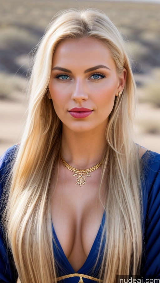 ai nude image of arafed blonde woman with blue dress and necklace posing for a picture pics of Model Small Tits Beautiful Lipstick Sexy Face Pouting Lips Blonde Scandinavian Oasis Cleavage Jewelry Gold Jewelry Bright Lighting Medieval Front View Painting Traditional Tribal Detailed